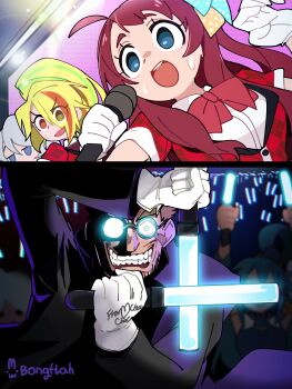 1boy 3girls absurdres alucard_(hellsing) aqua_(konosuba) artist_name blonde_hair bongftah bow bowtie clenched_teeth crossover crowd gloves glowing glowing_eyes glowstick grey_hair hellsing highres holding holding_glowstick holding_microphone idol jacket konno_junko kono_subarashii_sekai_ni_shukufuku_wo! long_hair microphone minamoto_sakura multiple_girls nikaidou_saki ponytail red_bow red_bowtie red_hair red_jacket shirt sweatdrop teeth white_gloves white_shirt zombie_land_saga