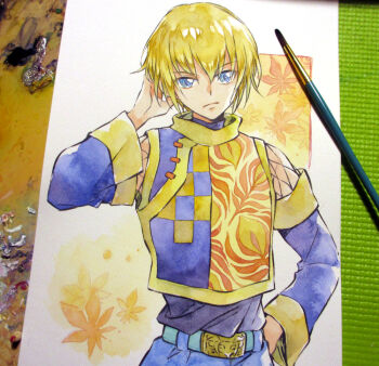 1boy agahari art_brush art_tools_in_frame belt blonde_hair blue_belt blue_eyes closed_mouth commentary_request hand_in_own_hair hand_on_own_hip hand_up harukanaru_toki_no_naka_de harukanaru_toki_no_naka_de_1 japanese_clothes kariginu leaf looking_at_viewer male_focus maple_leaf paintbrush painting_(medium) photo_(medium) sefuru short_hair solo tabard traditional_media upper_body