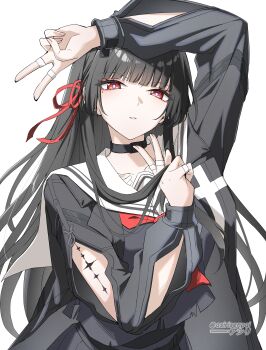 1girl absurdres arm_cutout arm_up asiri_senpai black_choker black_hair black_serafuku black_shirt chisa_(wuthering_waves) choker clothing_cutout collarbone commentary double_v hair_ribbon highres long_hair long_sleeves looking_at_viewer mole mole_under_eye parted_lips red_eyes red_ribbon ribbon sailor_collar school_uniform serafuku shirt simple_background solo symbol-only_commentary tacet_mark_(wuthering_waves) twitter_username upper_body v white_background white_sailor_collar wuthering_waves