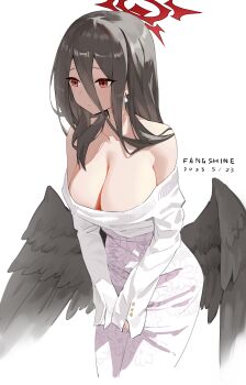 1girl absurdres alternate_costume bare_shoulders black_hair black_wings blue_archive breasts cleavage fang5hine feathered_wings floral_print floral_print_skirt hair_between_eyes halo hasumi_(blue_archive) highres large_breasts long_hair long_hair_between_eyes low_wings mole mole_under_eye off_shoulder print_skirt red_eyes red_halo shirt simple_background skirt solo white_background white_shirt white_skirt wings