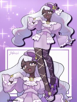 Rule 34 | 1girl, artist request, curvy, dark-skinned female, dark skin, eyelashes, fishnet pantyhose, fishnets, full body, glove bow, gloves, grey hair, hand up, highres, jacinthe (pokemon), jewelry, long hair, long sleeves, nintendo, open mouth, pantyhose, pokemon, pokemon legends: z-a, puffy sleeves, purple eyes, purple skirt, ring, shoes, skirt, smile, solo, standing, tilted headwear, very dark skin, very long hair, white gloves, wide hips, zoom layer