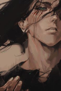 Rule 34 | 116180koc, 1boy, black hair, black shirt, crying, eren yeager, facial mark, green eyes, hair between eyes, half-closed eyes, hand on own chest, highres, male focus, medium hair, messy hair, parted lips, shingeki no kyojin, shirt, solo, teardrop, tears, upper body