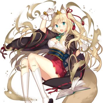 Rule 34 | 1girl, animal ears, aqua eyes, black sleeves, blonde hair, blue sash, book, breasts, cleavage, fox ears, fox girl, fox tail, gloves, japanese clothes, kneehighs, lilian fox, long hair, medium breasts, open book, red skirt, rie (reverie), sandals, sash, skirt, socks, tail, uchi no hime-sama ga ichiban kawaii, white gloves, white socks, zouri