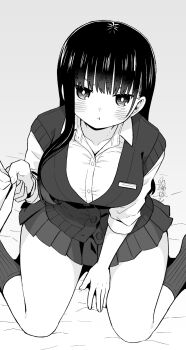 1girl blush boku_no_kokoro_no_yabai_yatsu breasts clothes_grab collarbone collared_shirt commentary_request feet_out_of_frame gradient_background greyscale highres large_breasts long_hair looking_at_viewer miniskirt mole mole_on_neck monochrome multiple_moles pleated_skirt pout shirt signature sitting skirt sleeve_grab socks solo_focus sweater_vest thighs wariza white_shirt yamada_anna zeroasann