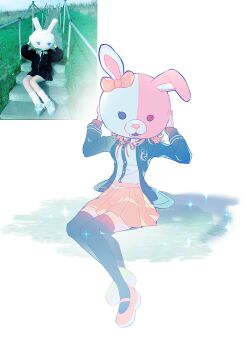 1girl breasts brown_hair brown_skirt collared_shirt commentary danganronpa_(series) danganronpa_2:_goodbye_despair flipped_hair highres jacket kaiki_ra713 long_sleeves mask medium_hair monomi_(danganronpa) nanami_chiaki neck_ribbon open_clothes open_jacket pink_ribbon pleated_skirt ribbon shirt sitting skirt solo symbol-only_commentary thighhighs two-tone_shirt white_shirt