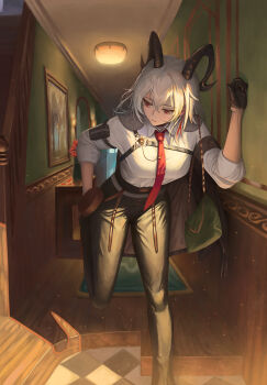 1girl absurdres arm_pouch black_gloves black_horns black_pants chest_harness closed_mouth collared_shirt commentary curled_horns english_commentary gloves grey_hair hair_between_eyes harness highres horns indoors long_hair looking_back multicolored_hair necktie pants red_eyes red_necktie shirt shirt_tucked_in solo standing streaked_hair twckb white_shirt wuthering_waves zani_(wuthering_waves)