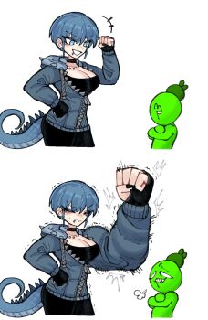 1boy 1girl ^_^ black_choker black_pants blue_eyes blue_hair blue_hoodie body_exploration breasts choker cleavage closed_eyes colored_skin commentary_request ear_piercing earrings face_piercing giant giantess green_skin highres hood hoodie jewelry kame-chan_(oligogi_meoggosipda) korean_commentary lip_piercing lizard_tail monster_girl oligogi_meoggosipda original pants piercing short_hair tail white_background