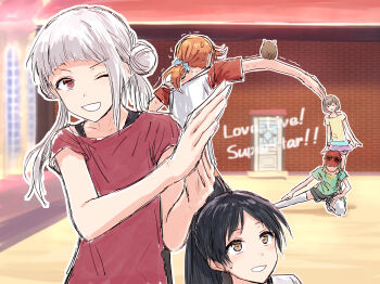 5girls ;d arashi_chisato bare_shoulders baseball_cap black_hair black_shorts brown_hair commentary copyright_name door double_bun green_shirt grin hair_bun hat hazuki_ren heanna_sumire high_ponytail highres liella!_first_generation long_hair looking_at_viewer love_live! love_live!_superstar!! low_ponytail medium_hair multiple_girls off-shoulder_shirt off_shoulder official_alternate_costume one_eye_closed open_mouth orange_hair outdoors ponytail red_eyes red_hat red_shirt rooftop shibuya_kanon shirt short_hair short_ponytail short_sleeves shorts smile stretching tang_keke thighhighs twintails white_hair white_thighhighs yellow_eyes yellow_shirt yukitake_(bullfalk)