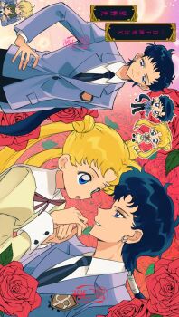 Rule 34 | 1boy, 3girls, ache jiao ache, bishoujo senshi sailor moon, black hair, black necktie, blonde hair, blue eyes, blue jacket, chibi, crescent, crescent earrings, crossdressing, crossdressing (ftm), double bun, dress, earrings, fujioka haruhi, hair bun, hand grab, hand on own hip, highres, jacket, jewelry, long hair, multiple girls, necktie, ouran high school host club, ouran high school uniform, parody, ponytail, reverse trap, school uniform, seiya kou, sideways, suou tamaki, tears, tsukino usagi, twintails, very long hair, yellow dress, yuri
