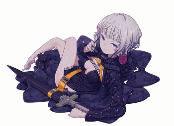 1girl absurdres baby_animal barefoot belt black_dress black_jacket blue_eyes breasts cleavage cropped_jacket crossed_legs daisi_gi dress fate/grand_order fate_(series) glasses grey_hair highres holding holding_removed_eyewear hood hooded_jacket jacket jacques_de_molay_(foreigner)_(fate) jacques_de_molay_(foreigner)_(second_ascension)_(fate) lamb large_breasts legs long_sleeves looking_at_viewer open_clothes open_jacket sheep short_dress short_hair smile sword thighs unworn_eyewear weapon white_background