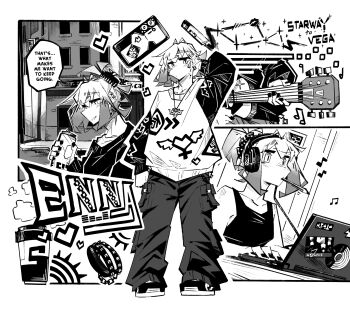 1girl absurdres black_nails can comic_cover computer earrings english_text enna_(togekk0) graffiti greyscale guitar headphones highres holding holding_can holding_guitar holding_instrument instrument jewelry laptop lyra_(togekk0) monochrome original ponytail short_hair solo solo_focus sweater togekk0 white_background