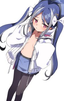 1girl :/ absurdres black_pantyhose blue_archive blue_hair blue_skirt blush bow breasts dutch_angle fubuki_(blue_archive) hair_bow highres jacket loli long_hair long_sleeves looking_at_viewer multicolored_hair navel open_clothes open_jacket pantyhose pink_eyes skirt sleeves_past_wrists small_breasts solo to_(tototo_tk) twintails white_bow white_jacket