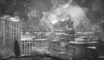 Rule 34 | 1other, artist name, black coat, building, cityscape, coat, greyscale, hands in pockets, hood, hood up, light rays, monochrome, on rooftop, original, outdoors, scenery, signature, snowing, standing, trench coat, zandra