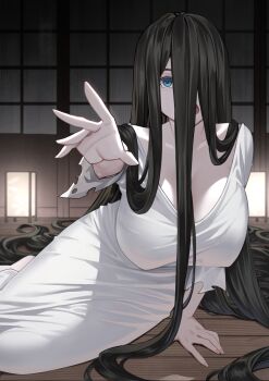 1girl black_hair blue_eyes breasts collarbone commentary dress fingernails ghost hair_over_one_eye hair_over_shoulder highres huge_breasts indoors long_hair long_sleeves looking_at_viewer nonh_(wormoftank) on_floor open_mouth sitting solo the_ring torn_clothes torn_dress very_long_hair white_dress yamamura_sadako yokozuwari