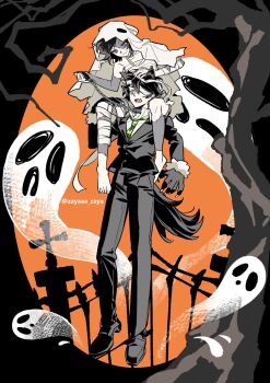 1boy 1girl andrew_graves animal_ears ashley_graves bandaged_arm bandaged_leg bandages bare_shoulders bare_tree barefoot black_border border bright_pupils brother_and_sister carrying chain chain_leash closed_mouth collar collarbone collared_shirt double-parted_bangs extra_ears eye_contact fang fence full_body ghost green_eyes green_necktie hair_between_eyes halloween hand_on_another&#039;s_head hand_on_another&#039;s_thigh highres holding holding_leash jacket leash loafers looking_at_another looking_down looking_up mummy_costume necktie open_mouth orange_background outside_border pants partially_colored pink_eyes round_border shirt shoes short_hair shoulder_carry siblings simple_background skin_fang smile spiked_collar spikes standing stitched_arm stitched_face stitched_leg stitches tail the_coffin_of_andy_and_leyley toenails toes tongue tree twitter_username werewolf wolf_boy wolf_ears wolf_tail zayaaa_zaya