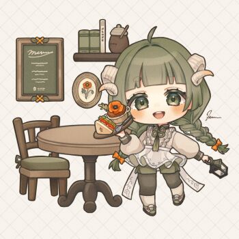 1girl ahoge black_pantyhose blunt_bangs blush book bow braid chair chibi colored_eyelashes eyelashes flower food fork frills green_eyes green_hair green_shorts happy horns long_hair long_sleeves looking_at_viewer open_mouth orange_bow orange_flower original pantyhose sandwich sheep_girl sheep_horns shoes short_eyebrows shorts signature solo square standing table taruchi_sucre tassel teeth tongue tray twin_braids upper_teeth_only white_background