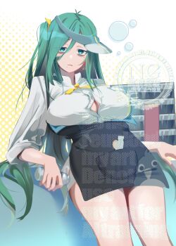 1girl apron bags_under_eyes black_apron blue_eyes breasts button_gap cleavage commentary cowboy_shot drink employee_uniform highres holding holding_drink large_breasts looking_at_viewer mole mole_under_eye mole_under_mouth multiple_moles parted_lips portia_(stella_sora) satanaka_kuroha shirt sideways_hat solo squeans stella_sora visor_cap watermark white_shirt