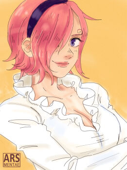 1girl absurdres arsmentae blush closed_mouth commentary crossed_arms curly_eyebrows english_commentary hair_over_one_eye hairband highres looking_at_viewer one_piece orange_background pink_hair purple_eyes shirt short_hair simple_background smile solo vinsmoke_reiju watermark white_shirt