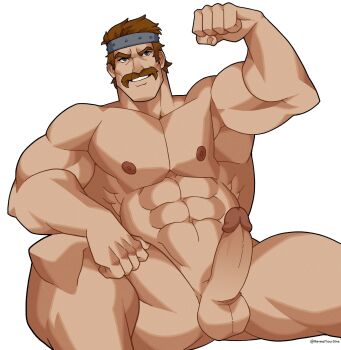 1boy abs bara bartre_(fire_emblem) brown_hair commentary commission completely_nude english_commentary erection facial_hair fire_emblem fire_emblem:_the_binding_blade flexing highres large_pectorals male_focus muscular muscular_male mustache navel nintendo nipples nude pectorals penis revealyoursins second-party_source short_hair simple_background solo testicles twitter_username variant_set white_background