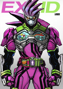 Rule 34 | 1boy, clenched hands, commentary request, controller, rider belt, game controller, game controller, gamer driver, highres, holster, kamen rider, kamen rider ex-aid, kamen rider ex-aid (series), lanbow2000, looking at viewer, male focus, mighty action x level 2, rider belt, rider gashat, simple background, solo, tokusatsu, white background