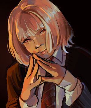 1boy absurdres black_background blonde_hair brown_cardigan cardigan collared_shirt commentary diagonal-striped_clothes diagonal-striped_necktie english_commentary gradient_background highres long_sleeves looking_at_viewer male_focus medium_hair necktie open_cardigan open_clothes photo-referenced red_background red_eyes red_necktie saihate_eki shirt solo striped_clothes tatsunami_shion tosteurmori upper_body white_shirt