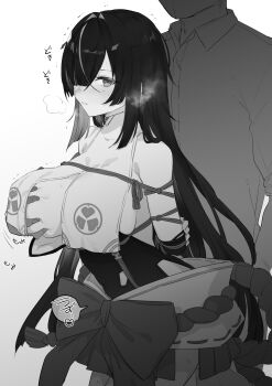 1boy 1girl arms_behind_back bare_shoulders bdsm blunt_bangs blush bondage bound breast_curtains breasts chaos_zero_nightmare chizuru_(chaos_zero_nightmare) cleavage closed_mouth clothing_cutout commentary_request cowboy_shot grabbing_another&#039;s_breast grabbing_from_behind greyscale groping hair_between_eyes hair_intakes hair_over_one_eye hakama hakama_short_skirt hakama_skirt highres japanese_clothes large_breasts leotard looking_at_viewer mole mole_under_eye monochrome niimaru nontraditional_miko nose_blush obi paid_reward_available restrained sash shibari shirt sideboob sidelocks skirt standing steam strapless strapless_leotard