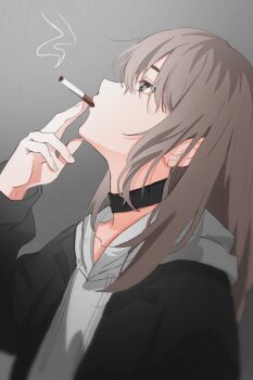 1girl black_jacket cigarette commentary_request girls_band_cry grey_eyes grey_hair grey_hoodie highres hood hood_down hoodie jacket kawaragi_momoka long_hair long_sleeves multicolored_hair open_clothes open_jacket roots_(hair) smoke smoking solo tasuku2218