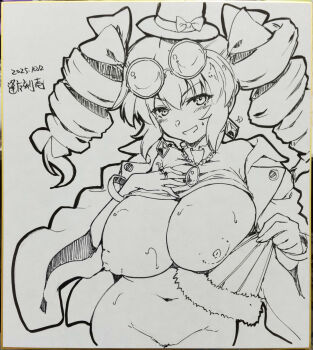 1girl absurdres blush bottomless bracelet breasts commentary_request commission cowboy_shot drill_hair earrings eyewear_on_head greyscale groin hand_fan hat highres holding holding_fan huge_breasts jewelry large_breasts looking_at_viewer mini_hat mini_top_hat monochrome navel nipples nude ouma_tokiichi pendant pixiv_commission ring round_eyewear smile solo top_hat touhou twin_drills yorigami_jo&#039;on