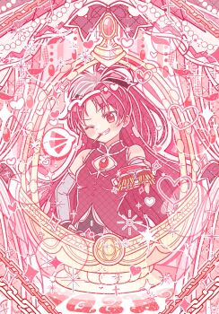 1girl black_bow blush bow breasts chain chest_jewel detached_sleeves dot_nose dress eating fang food food_in_mouth gem hair_bow hand_on_own_hip heart high_collar highres long_hair long_sleeves looking_at_viewer mahou_shoujo_madoka_magica mahou_shoujo_madoka_magica_(anime) one_eye_closed pocky pocky_in_mouth ponytail pu_0521 red_dress red_eyes red_gemstone red_hair red_theme sakura_kyoko sakura_kyoko_(magical_girl) soul_gem speech_bubble very_long_hair white_sleeves