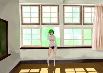 1girl bad_id bad_pixiv_id black_panties breasts chalkboard classroom collarbone curtains dress_shirt female_focus green_hair hand_in_own_hair indoors kazami_yuuka kinohino knees lace lace-trimmed_panties lace_trim large_breasts legs light long_sleeves looking_at_viewer no_bra open_clothes open_shirt open_window orange_eyes panties school shadow shirt sky socks solo sunlight thighs touhou tree underwear wavy_hair white_shirt white_sky window