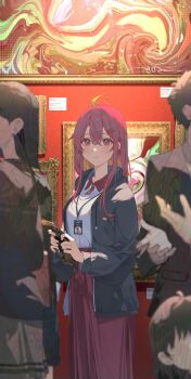 1girl 2boys 2girls ahoge blonde_hair crowd flyer highres hood hooded_jacket id_card jacket lanyard long_hair long_skirt looking_at_viewer multicolored_hair multiple_boys multiple_girls original painting_(object) red_eyes red_hair skirt tsukino_(nakajimaseiki)