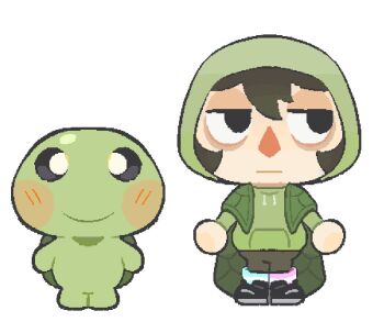 1boy :| ahchive_be animal_crossing_(style) asymmetrical_legwear bags_under_eyes black_hair black_shoes blue_socks blush_stickers brown_pants cape chibi chibi_only chibikemo closed_mouth commentary_request drawstring full_body furrification furry furry_male green_cape green_hoodie hair_between_eyes hexagon_print hood hood_up hoodie jitome looking_at_viewer looking_to_the_side no_fingers pants person_and_furrification pink_socks shoes short_hair simple_background smile socks standing striped_clothes striped_socks triangle_nose turtle turtle_boy vedal987 vedal_ai villager_(animal_crossing) white_background