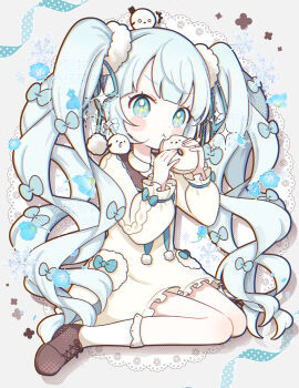 +_+ 1girl absurdres animal animal_on_head aobahosino bird bird_on_head blue_bow blue_eyes blue_hair blue_ribbon blush_stickers bow brown_shoes closed_mouth commentary_request cross-laced_shoes donut dot_nose dress food full_body hair_bow hair_ribbon highres holding holding_donut holding_food long_hair long_sleeves looking_at_viewer on_head original ribbon shoes signature sitting sleeve_bow socks solo twintails wariza white_dress white_socks