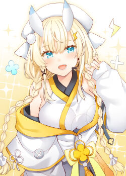 1girl bare_shoulders blonde_hair blue_eyes blue_horns blush braid breasts coat coat_partially_removed commentary_request cowboy_shot fangs flower_knot from_above hair_ornament hair_over_shoulder hand_up hat headset highres horns japanese_clothes kadou_mikaru kimono large_breasts layered_sleeves lightning_bolt lightning_bolt_hair_ornament lightning_bolt_symbol long_sleeves looking_at_viewer low_twin_braids multicolored_horns nail_polish nijisanji open_mouth pom_pom_(clothes) pom_pom_hair_ornament puffy_long_sleeves puffy_sleeves ribbon rui_shi_(rayze_ray) short_over_long_sleeves short_sleeves sidelocks sleeves_past_wrists smile solo sparkle_background standing teruterubouzu twin_braids two-tone_horns virtual_youtuber white_coat white_hat white_horns white_kimono x_hair_ornament yellow_background yellow_nails yellow_ribbon yellow_trim