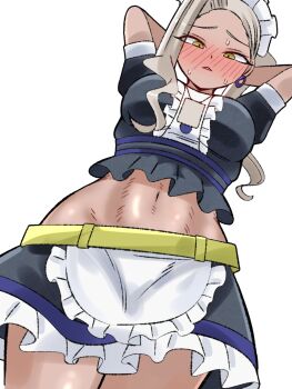 alternate_costume apron arms_behind_head black_shirt black_skirt blush breasts brown_hair commentary_request dark-skinned_female dark_skin earrings enmaided from_below highres hoop_earrings jewelry kaho_eira kimi_no_koto_ga_dai_dai_dai_dai_daisuki_na_100-nin_no_kanojo looking_at_viewer looking_down maid maid_apron maid_headdress maid_tiger medium_breasts midriff miniskirt navel puffy_short_sleeves puffy_sleeves shirt short_sleeves side_ponytail simple_background single_sidelock skirt stomach sweat white_apron white_background yellow_eyes