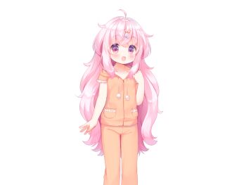 1girl :d ahoge blue_bow blush bow collarbone crossed_bangs feet_out_of_frame game_cg hair_bow hand_up harem_futago_lolita hood hood_down hoodie large_variant_set long_hair non-web_source open_mouth orange_hoodie orange_pajamas orange_pants pajamas pants pink_eyes pink_hair pom_pom_(clothes) short_sleeves simple_background smile solo standing tomari_(harem_futago_lolita) transparent_background usashiro_mani variant_set