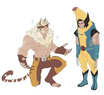 Rule 34 | 2boys, abs, animal ears, arm hair, bara, bare pectorals, biceps, black hair, blonde hair, cat ears, chest hair, claws, closed eyes, closed mouth, commentary, cosplay, english commentary, fingerless gloves, fortnite, gloves, highres, looking at another, male focus, marvel, meowscles, meowscles (cosplay), meowtooth, meowtooth (cosplay), multiple boys, muscular, muscular male, navel, nipples, on one knee, pectorals, peelverine, peelverine (cosplay), peely, peely (cosplay), puff of air, sabertooth (x-men), sigh, smile, superhero costume, topless male, white background, wolverine (x-men), x-men, y38737