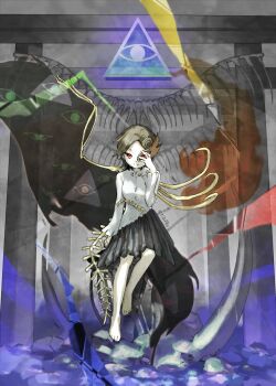 1girl asymmetrical_wings bone brown_mask dinosaur_skeleton eye_of_providence eye_print eyes_on_wings fiery_wings fossilized_wonders full_body gold_buttons half_mask highres iwanaga_ariya kaigen_1025 looking_at_viewer mask mask_over_one_eye pyramid_(structure) ribbon_around_body skeletal_clothes skeletal_tail skeletal_wings smile solo spinal_cord tail touhou wings