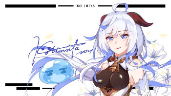 1girl absurdres ahoge artist_name bare_shoulders bell black_bodystocking blue_eyes blue_hair bodystocking breasts commentary_request cosplay detached_sleeves dress floating_hair ganyu_(genshin_impact) ganyu_(genshin_impact)_(cosplay) genshin_impact goat_girl goat_horns highres horns kolimiya large_breasts long_hair looking_ahead neck_bell open_mouth original signature slime_(creature) slime_(genshin_impact) smile swept_bangs upper_body white_background white_dress