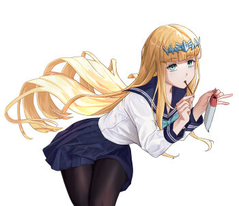1girl alternate_costume aqua_bow aqua_bowtie black_pantyhose blonde_hair blue_sailor_collar blue_skirt blunt_bangs bow bowtie calca_bessarez commentary_request eating food food_in_mouth green_eyes highres holding holding_food holding_pocky iqwe long_hair long_sleeves looking_at_viewer overlord_(maruyama) pantyhose pleated_skirt pocky pocky_in_mouth sailor_collar school_uniform serafuku shirt simple_background skirt tiara very_long_hair white_background white_serafuku white_shirt