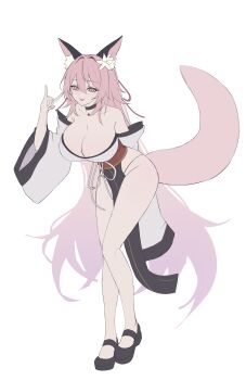 1girl absurdres animal_ears bare_legs bare_shoulders black_choker black_shoes breasts choker cleavage closed_mouth collarbone commission fox_ears fox_girl fox_shadow_puppet fox_tail full_body highres large_breasts leaning_forward long_hair long_sleeves looking_at_viewer mary_janes off_shoulder original panty_straps pelvic_curtain pink_eyes pink_hair shoes sia_(piiru) simple_background smile solo tail thighs tongue tongue_out very_long_hair white_background wide_sleeves ysoa26