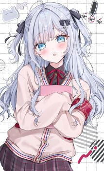 Rule 34 | 1girl, :o, absurdres, armband, black bow, black shirt, blue eyes, blunt bangs, blush, bow, collared shirt, commentary, cowboy shot, cross hair ornament, ghost print, grid background, hair bow, hair ornament, highres, long hair, looking at viewer, neck ribbon, open mouth, original, pencil, plaid clothes, plaid skirt, red armband, red ribbon, ribbon, school uniform, shain, shirt, skirt, sleeves past wrists, solo, sweater, untranslatable commentary, white background, white hair, yellow sweater, zzz