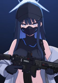 1girl absurdres bare_shoulders baseball_cap black_mask black_shirt blue_archive blue_eyes blue_halo colored_inner_hair commentary_request crop_top destiny_(game) gloves gun halo hat highres holding holding_gun holding_weapon long_hair looking_at_viewer mask mouth_mask multicolored_hair saori_(blue_archive) shirt simple_background sleeveless solo weapon zddma20
