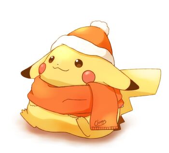 closed_mouth fat_pikachu full_body gen_1_pokemon hat mimix nintendo no_humans pikachu pokemon pokemon_(creature) pokemon_focus red_scarf scarf simple_background sitting smile solo tail
