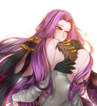 1boy 1girl alternate_hair_color artist_name between_breasts blush breast_smother breasts brown_hair claws commentary english_commentary face_between_breasts face_to_breasts fate/grand_order fate_(series) fujimaru_ritsuka_(male) furudo_(furudo_cra) gorgon_(fate) head_between_breasts hetero highres hug huge_breasts long_hair medusa_(fate) monster_girl purple_eyes purple_hair rider simple_background smile very_long_hair white_background