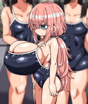 3girls bags_under_eyes blue_eyes breasts cleavage crossed_bangs hair_between_eyes huge_breasts kanikama long_hair low_ponytail michinoku_komaro mojyo multiple_girls oppai_loli pink_hair ponytail school_swimsuit seitokai_ni_mo_ana_wa_aru! swimsuit
