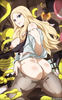 1girl adversarial_noise ansatsu_kyoushitsu ass blonde_hair blue_eyes breasts butt_crack highres indoors irina_jelavic koro-sensei long_hair looking_at_viewer looking_back multiple_boys nipples orphen_(pink_seito) smile twitter_username