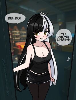 Rule 34 | 1girl, absurdres, arutemisu180, black hair, black pantyhose, blush, breasts, cleavage, collarbone, commentary, dialyn (zenless zone zero), english commentary, english text, hair down, highres, long hair, medium breasts, meme, multicolored hair, pantyhose, shinkon santaku, sleeveless, solo, speech bubble, split-color hair, white hair, yellow eyes, your phone linging (meme), zenless zone zero