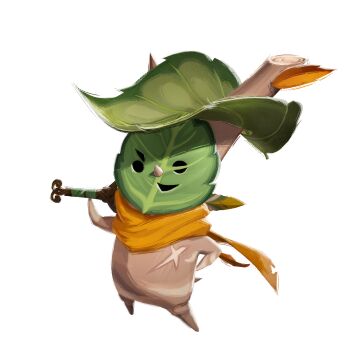 absurdres arm_up artist_request black_eyes blank_eyes calamo_(zelda) cross_scar full_body green_hat hand_on_own_hip happy hat highres holding holding_sword holding_weapon hyrule_warriors:_age_of_imprisonment korok leaf leaf_hat mask official_art open_mouth orange_scarf over_shoulder scar scarf simple_background smile standing sword the_legend_of_zelda the_legend_of_zelda:_tears_of_the_kingdom transparent_background weapon weapon_over_shoulder