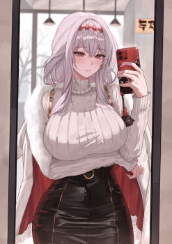 1girl absurdres alternate_costume bare_tree black_skirt breasts casual cellphone closed_mouth commentary cowboy_shot flower_hairband goddess_of_victory:_nikke grey_hair hair_between_eyes highres holding holding_phone indoors jacket jacket_on_shoulders katrinabluuuuu large_breasts long_hair long_sleeves mirror_selfie pencil_skirt phone red_eyes red_nails ribbed_sweater scarlet_(black_shadow)_(nikke) scarlet_(nikke) selfie sidelocks skirt smartphone solo standing sweater tree turtleneck turtleneck_sweater white_jacket white_sweater window